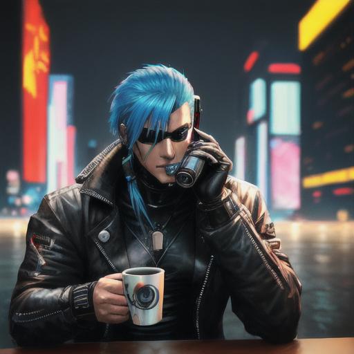 Cyberpunk Man Holding Coffee